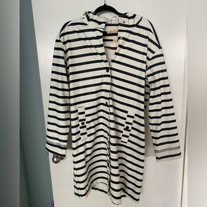 Navy blue and white rain coat